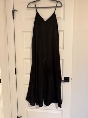 Workhall Black Satin Slip Jumpsuit with Spaghetti Straps